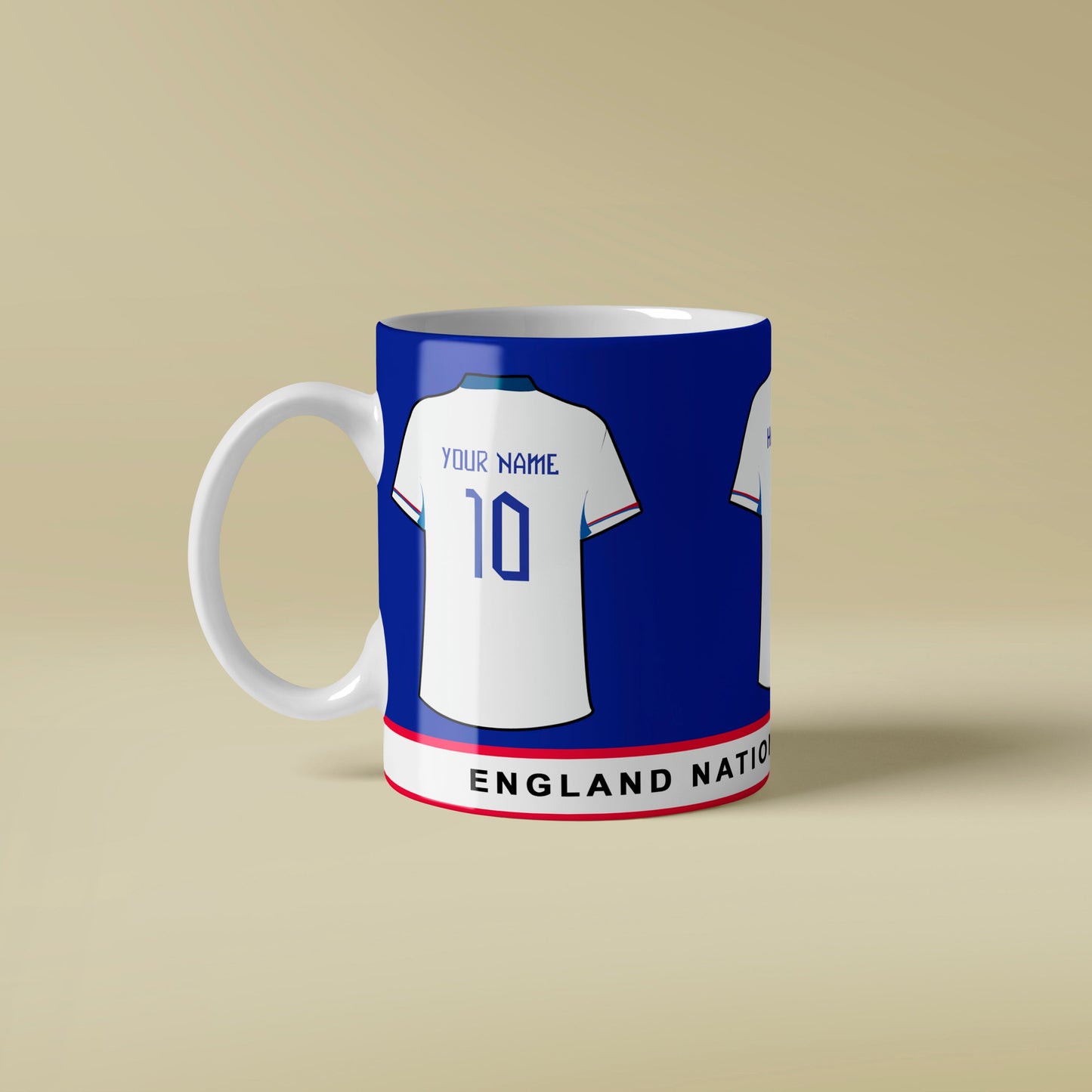 Mug with England national team jersey design on a beige background