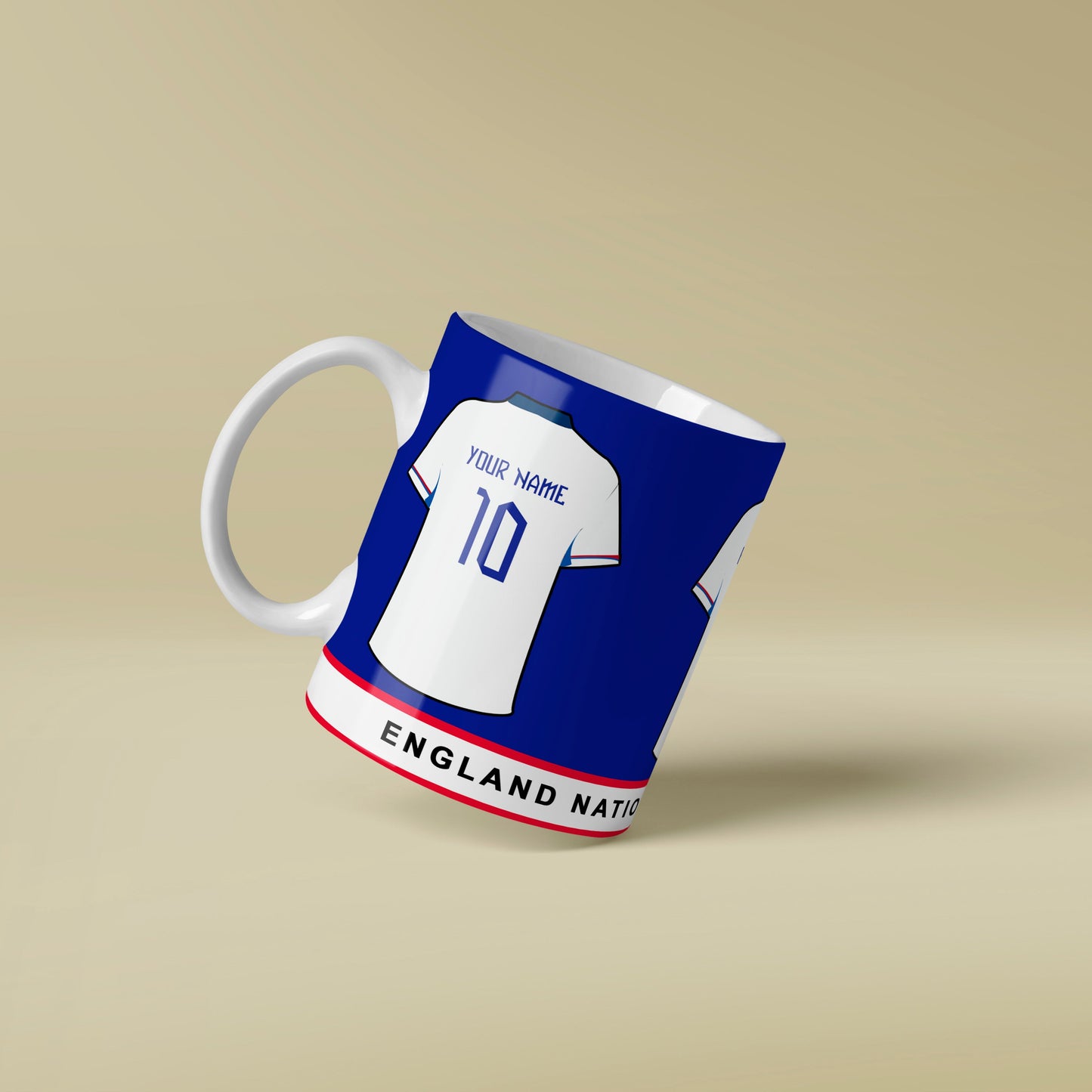 Mug with England national team jersey design on a beige background