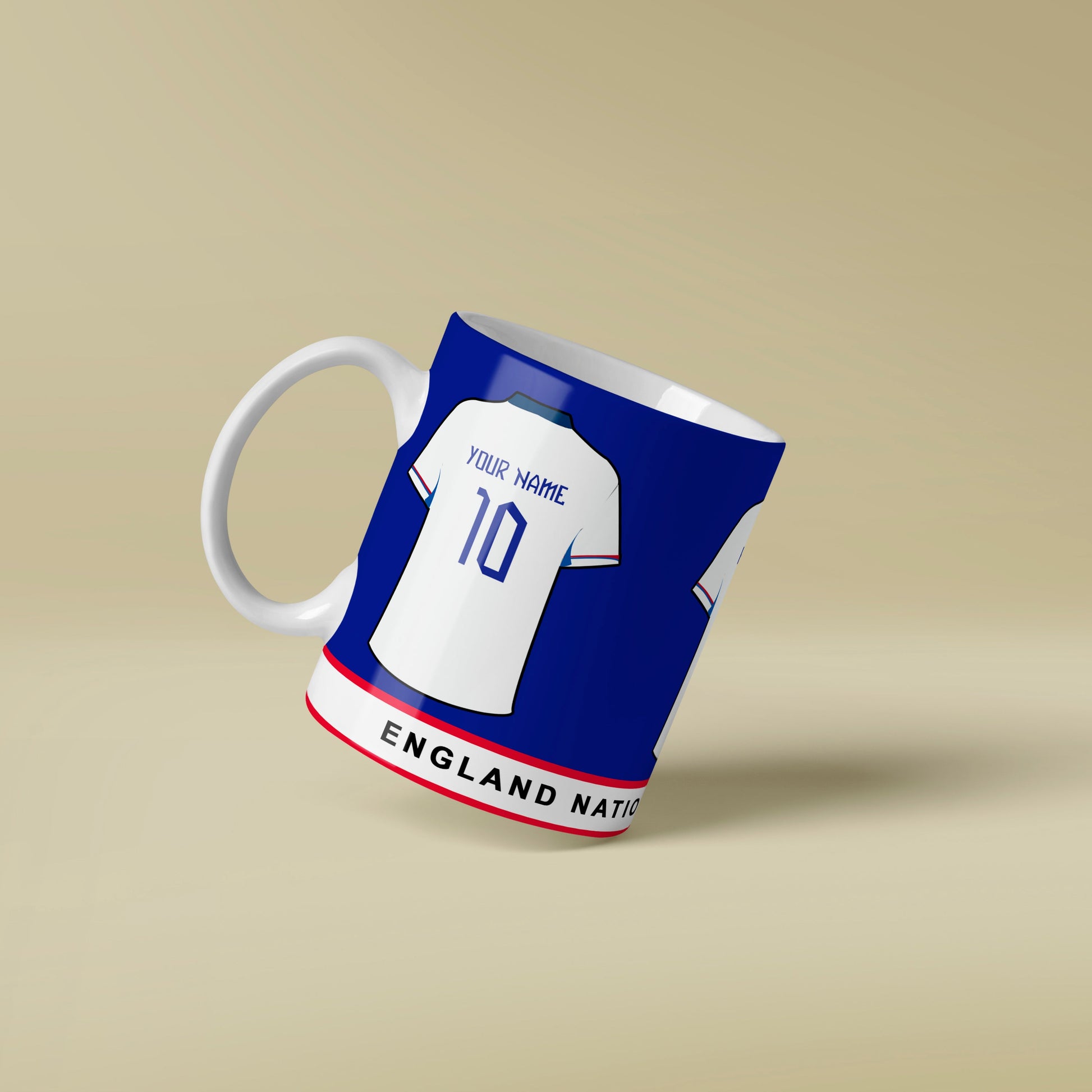Mug with England national team jersey design on a beige background