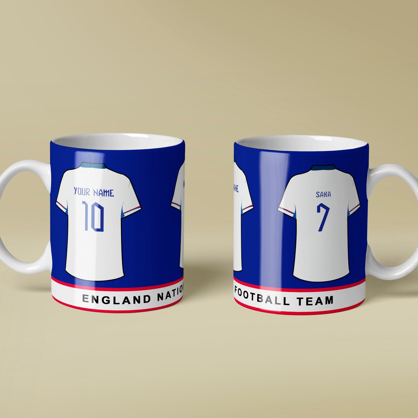 Two mugs with England football team jerseys on a beige background