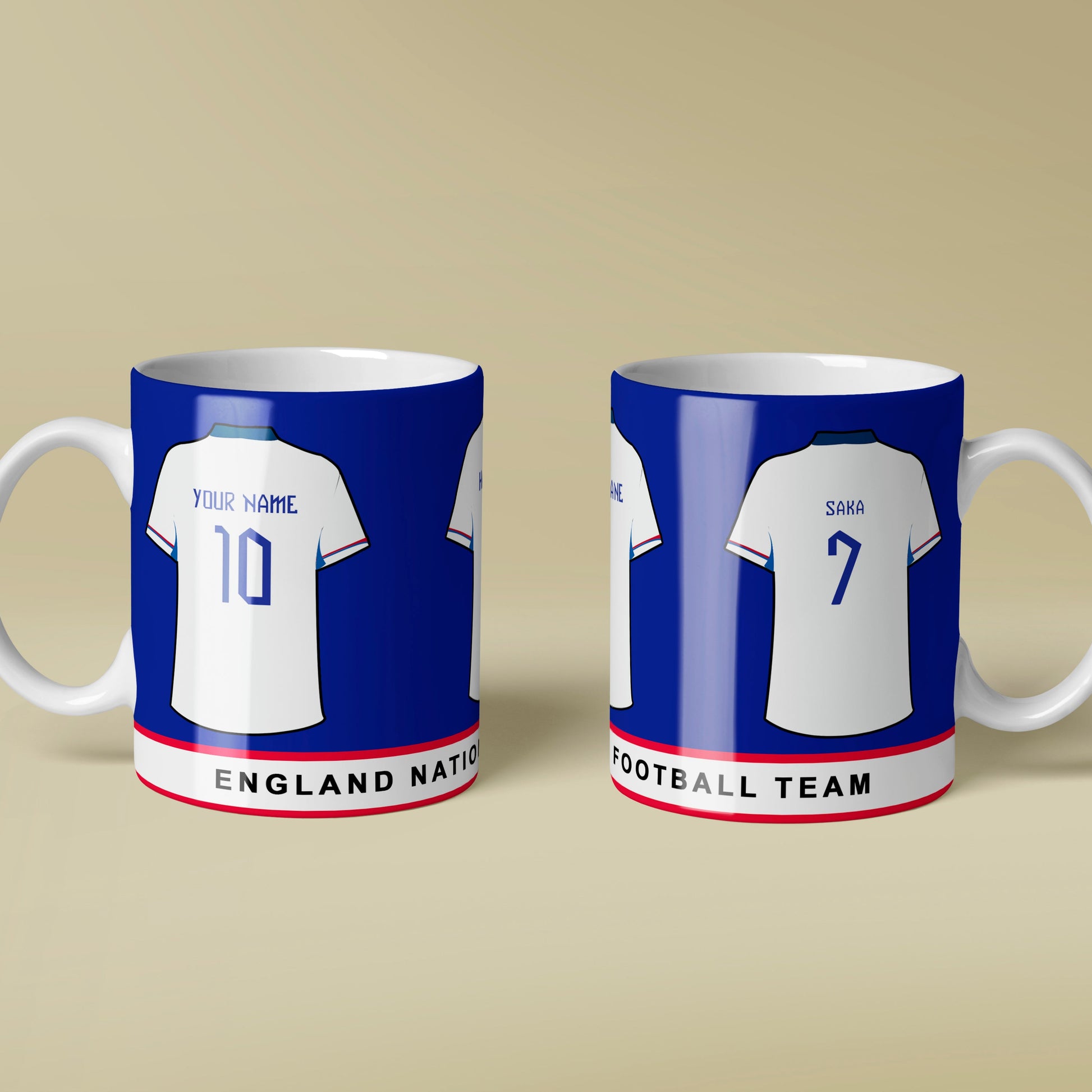 Two mugs with England football team jerseys on a beige background