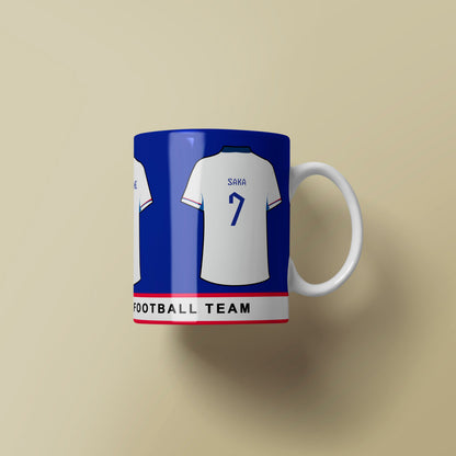Mug with a design of a football jersey on a beige background