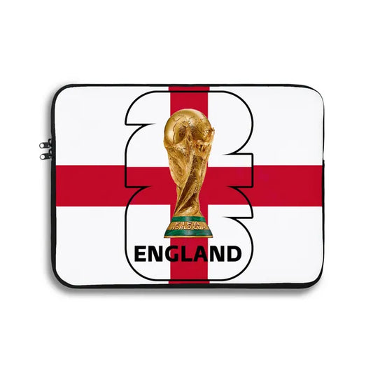 Laptop sleeve with England flag and World Cup trophy design on a white background