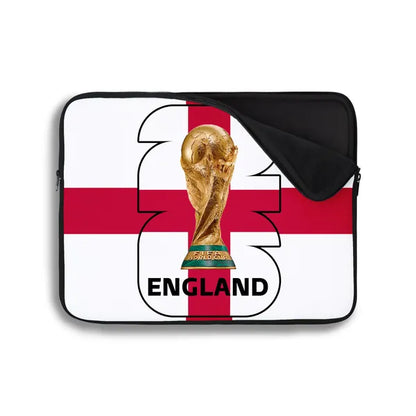 Laptop sleeve with England flag and World Cup trophy design on a white background