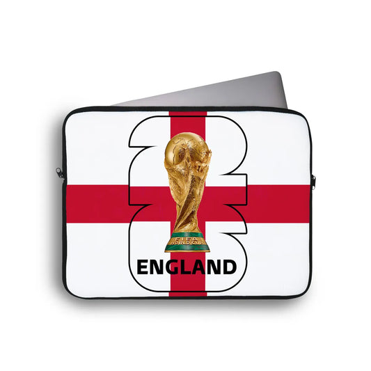 Laptop sleeve with England flag and World Cup trophy design on a white background