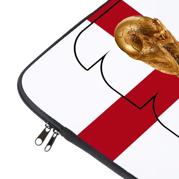 Laptop sleeve with a gold trophy on a red, white, and black design