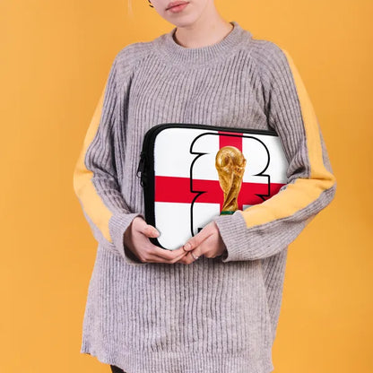 Person holding a laptop case with a design of a trophy on a flag against a yellow background