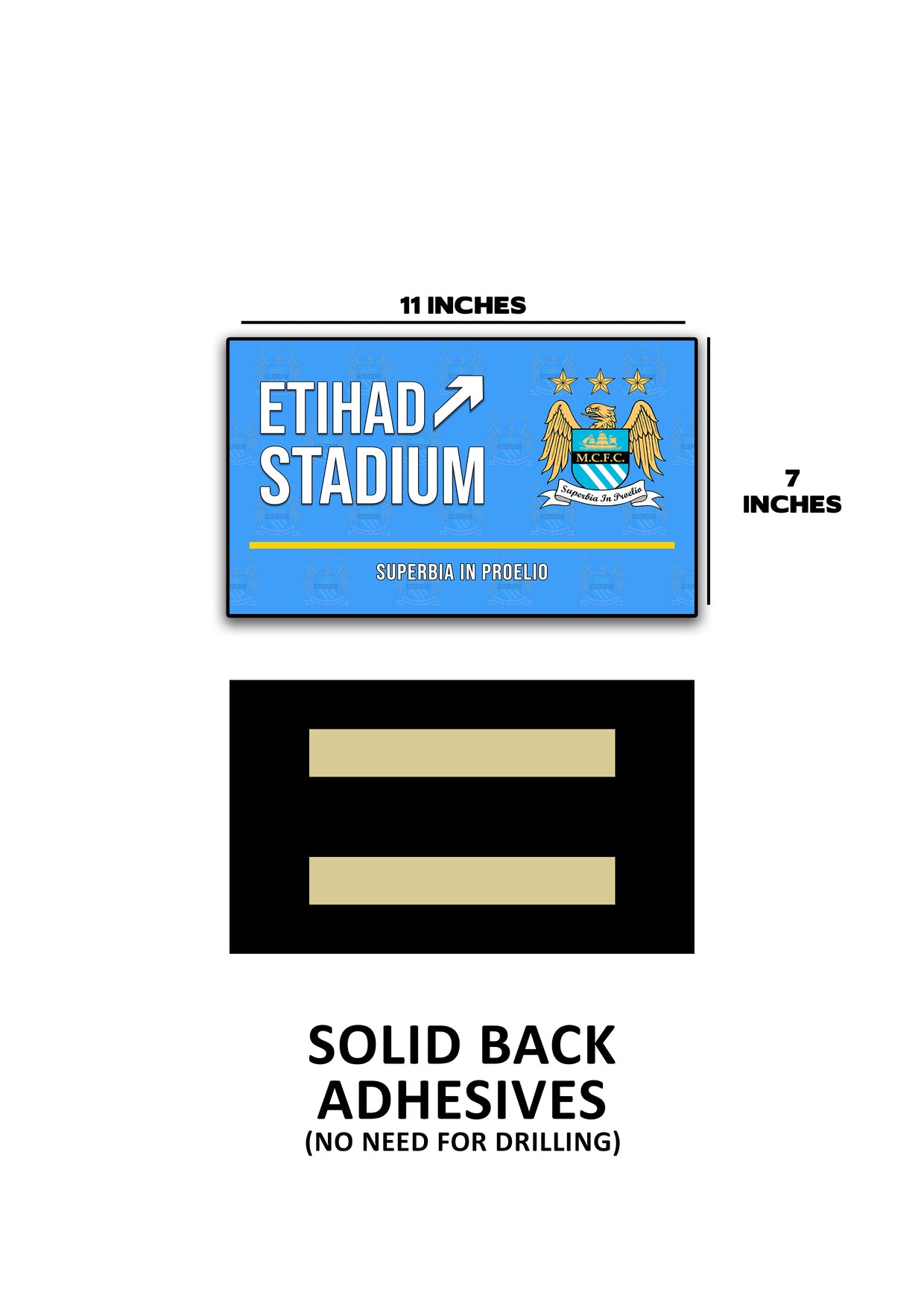 Advertisement for Etihad Stadium solid back adhesive stickers with dimensions and features.