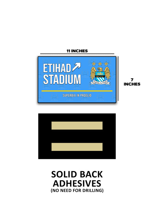 Advertisement for Etihad Stadium solid back adhesive stickers with dimensions and features.