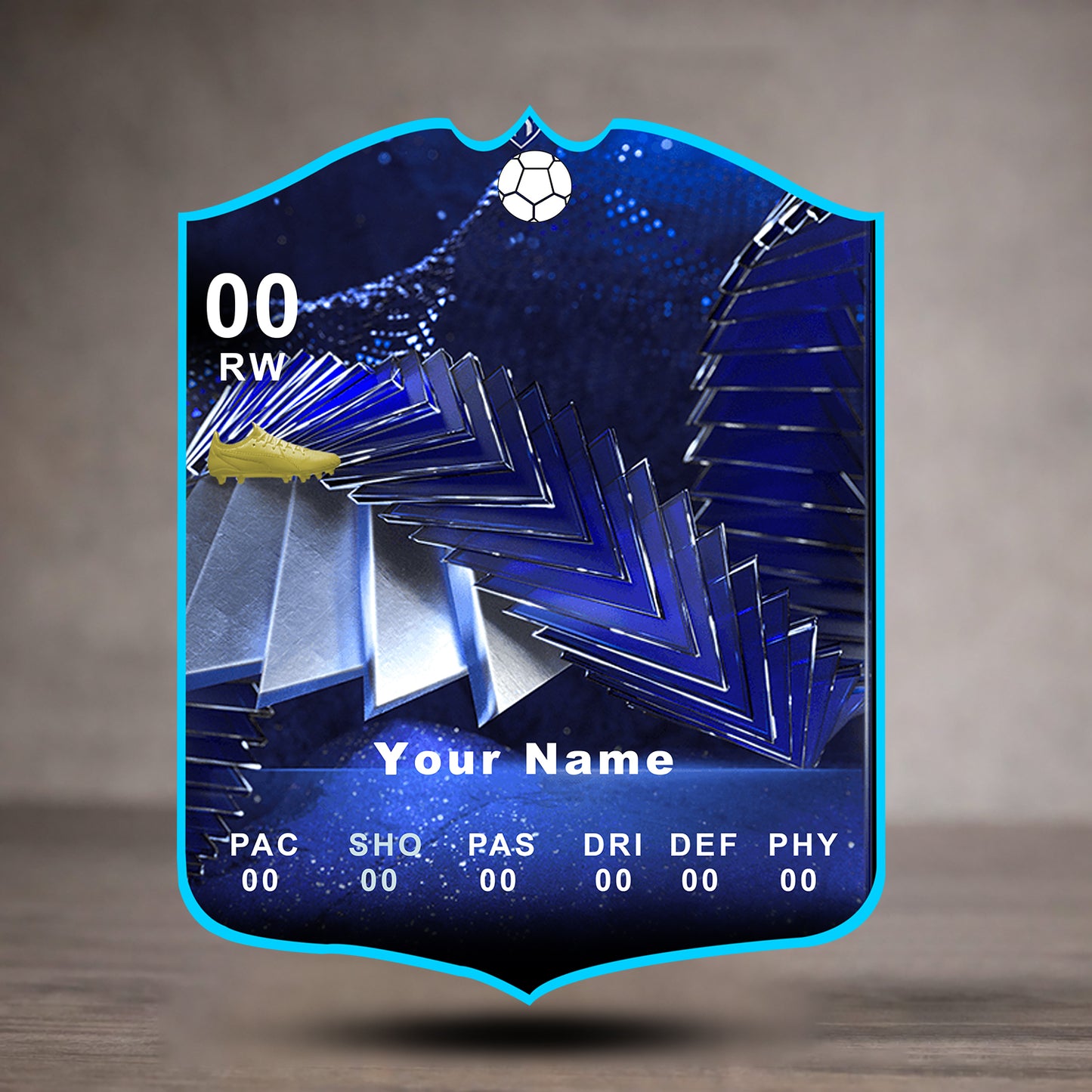 Futuristic sports card with blue and silver design on a wooden surface
