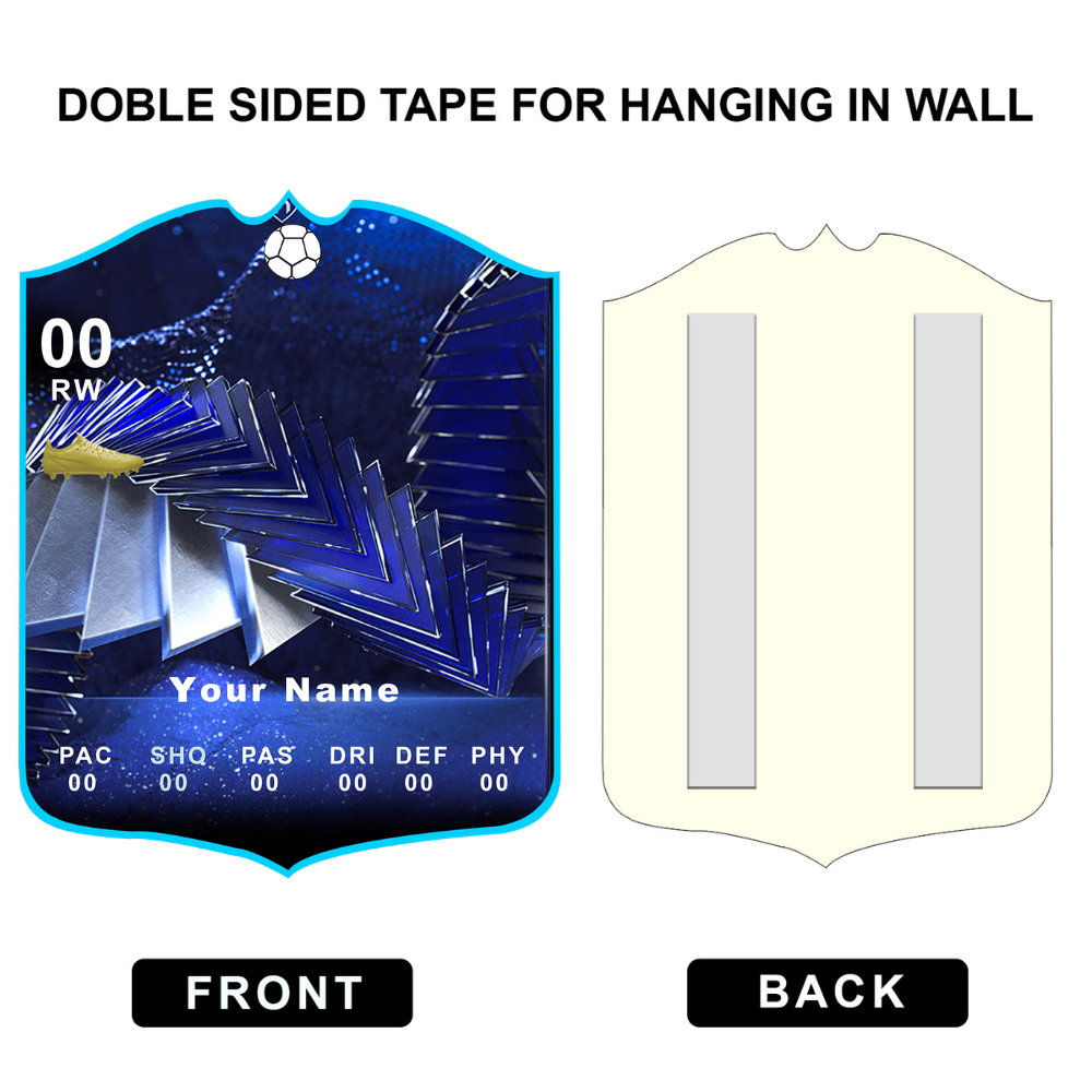 Card with double-sided tape for hanging on a wall, showing front and back views.