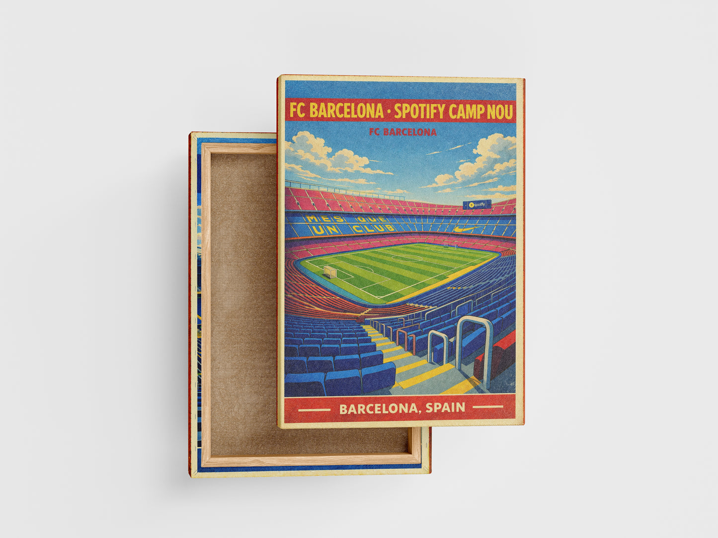 Stadium-themed box with a colorful illustration of FC Barcelona's Camp Nou stadium on a white background.