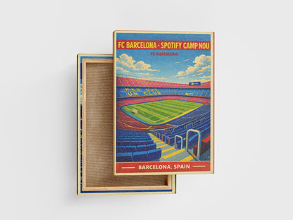 Stadium-themed box with a colorful illustration of FC Barcelona's Camp Nou stadium on a white background.