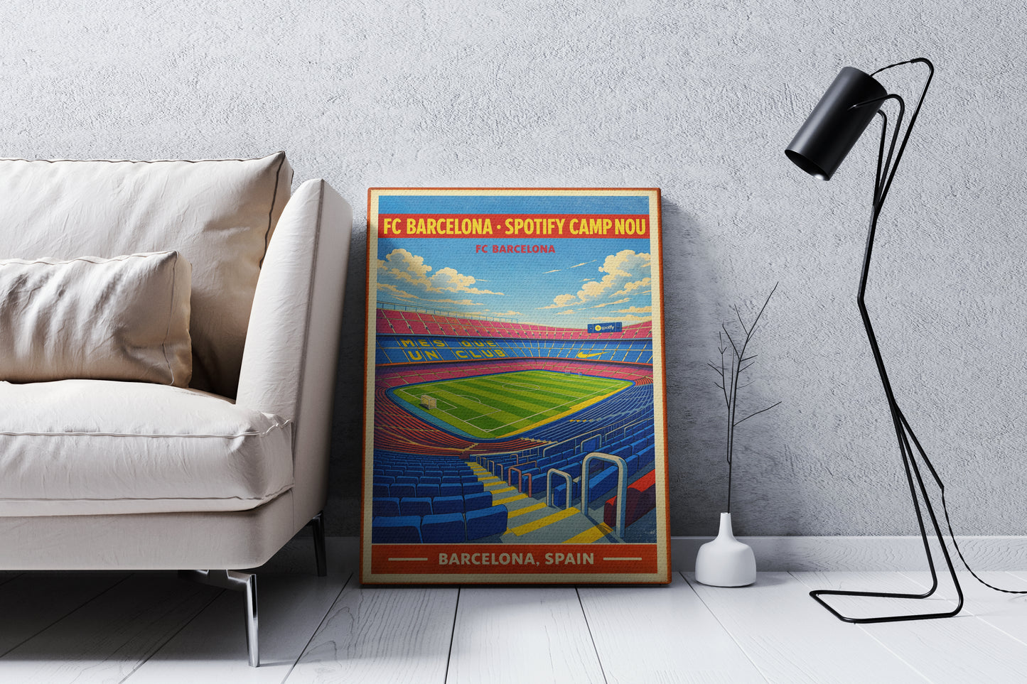 Poster of FC Barcelona's Camp Nou stadium in a modern living room.