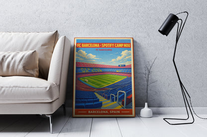 Poster of FC Barcelona's Camp Nou stadium in a modern living room.