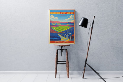 Colorful poster of a stadium on a stand against a gray wall with a lamp.