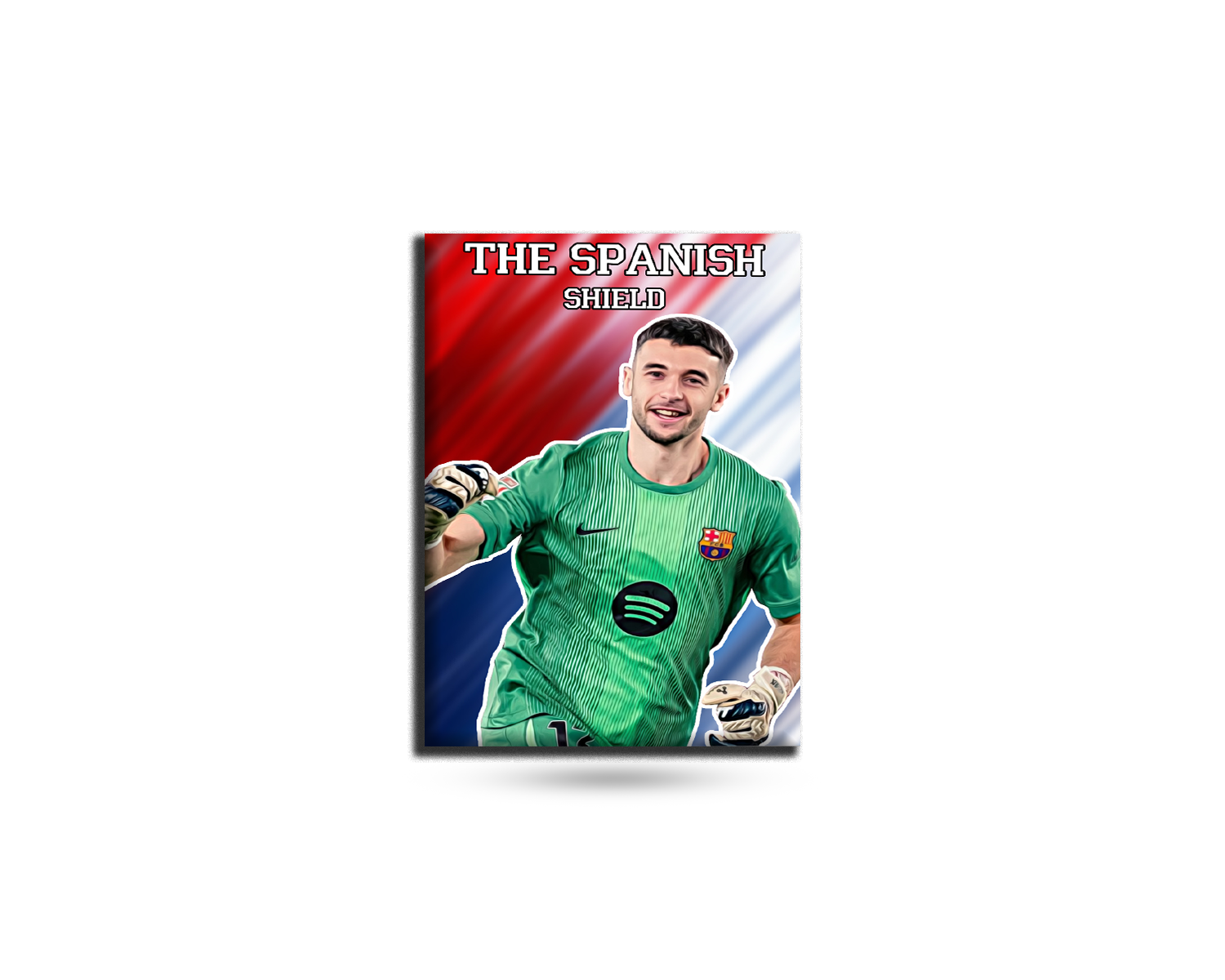 Soccer player in a green jersey with 'The Spanish Shield' text on a red, white, and blue background