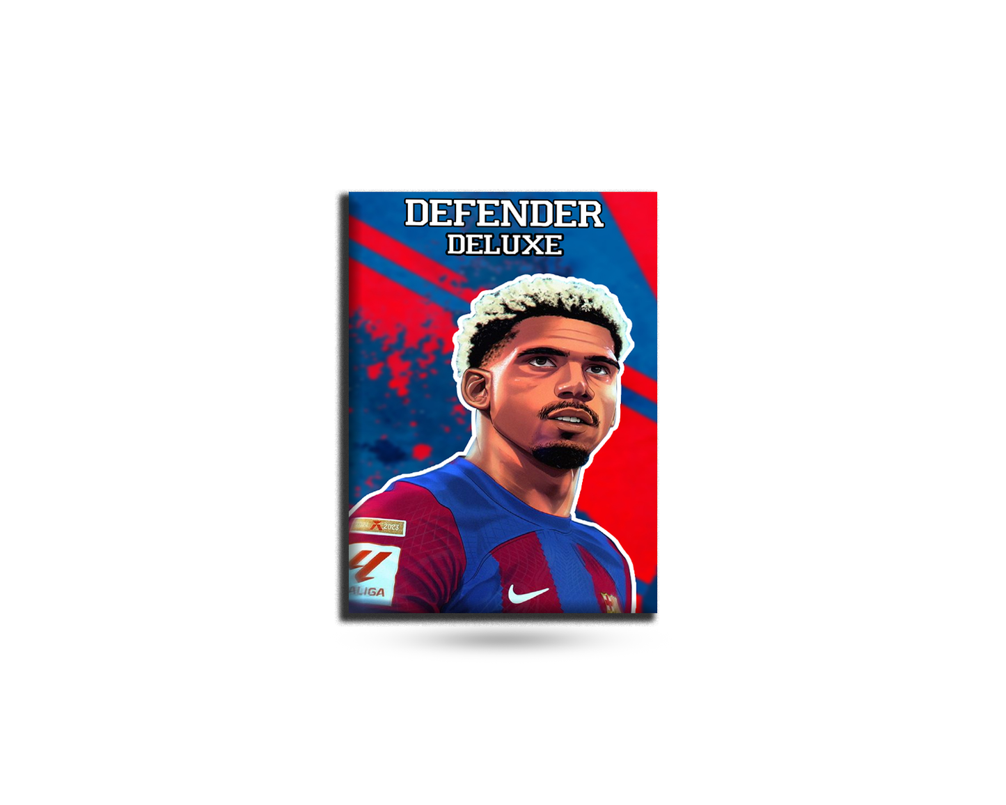 Product packaging for 'Defender Deluxe' with a soccer player's face on a blue and red background.