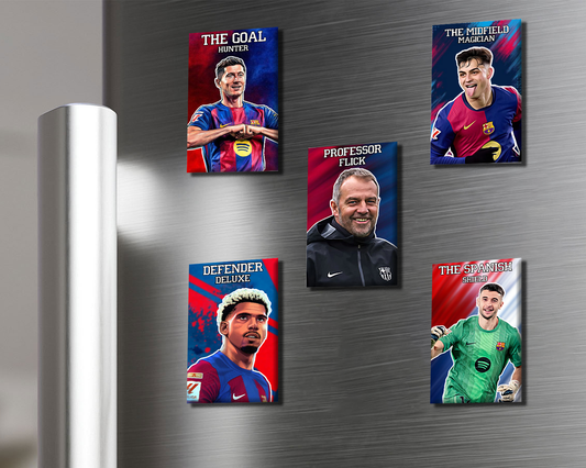 Set of five soccer-themed magnets on a metallic surface