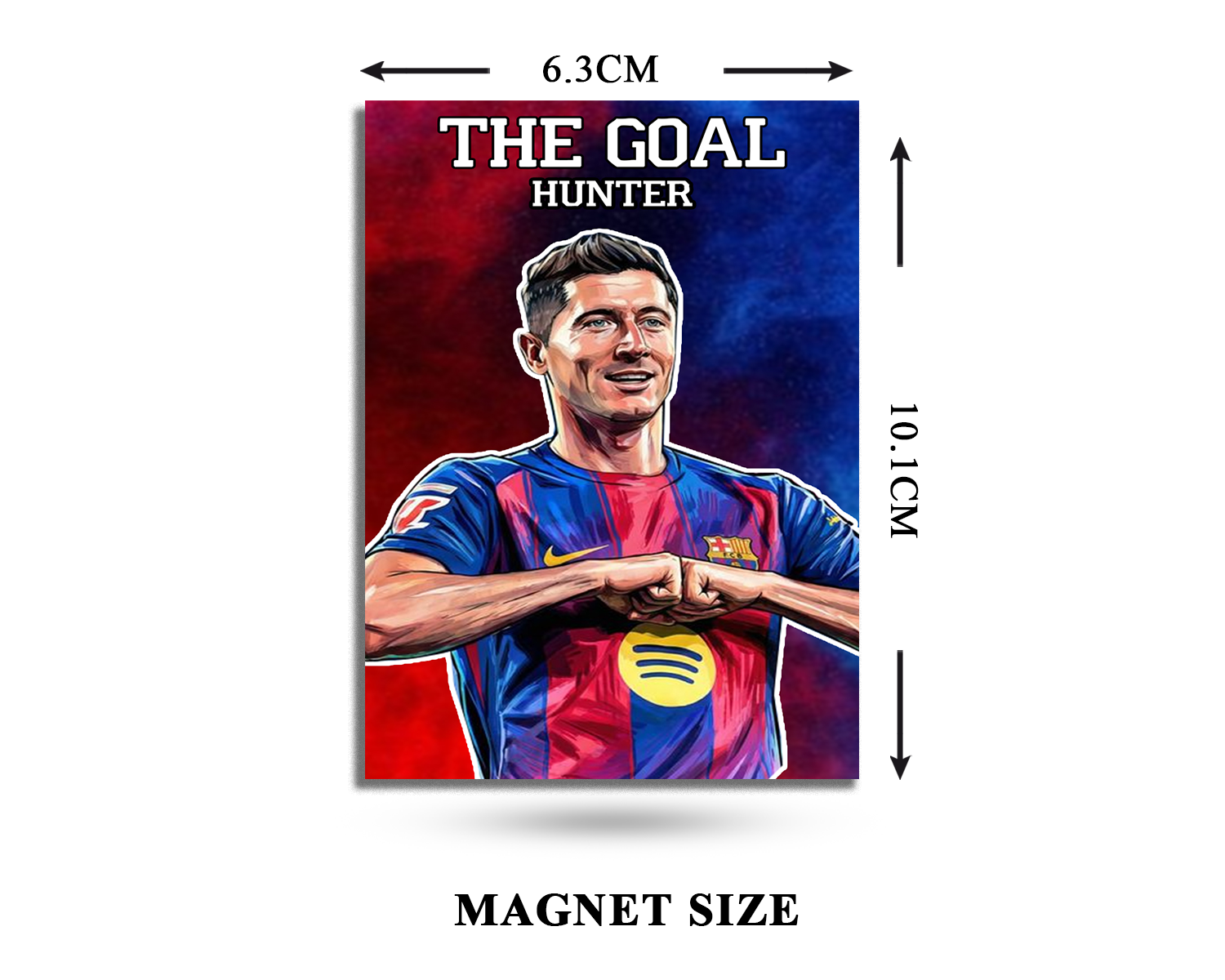 Magnet with a graphic of a soccer player and text 'The Goal Hunter' with dimensions indicated.