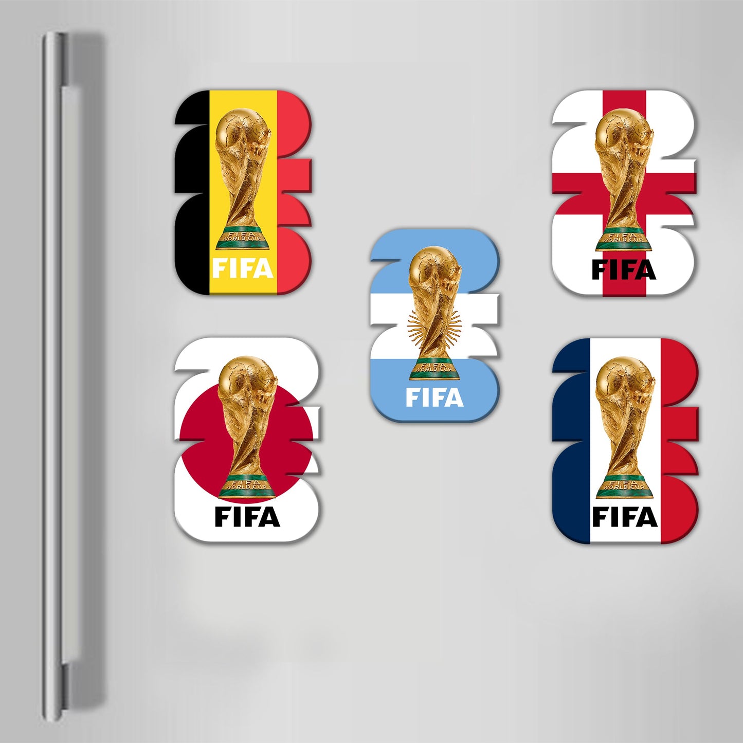 Fridge with FIFA World Cup stickers on a kitchen background