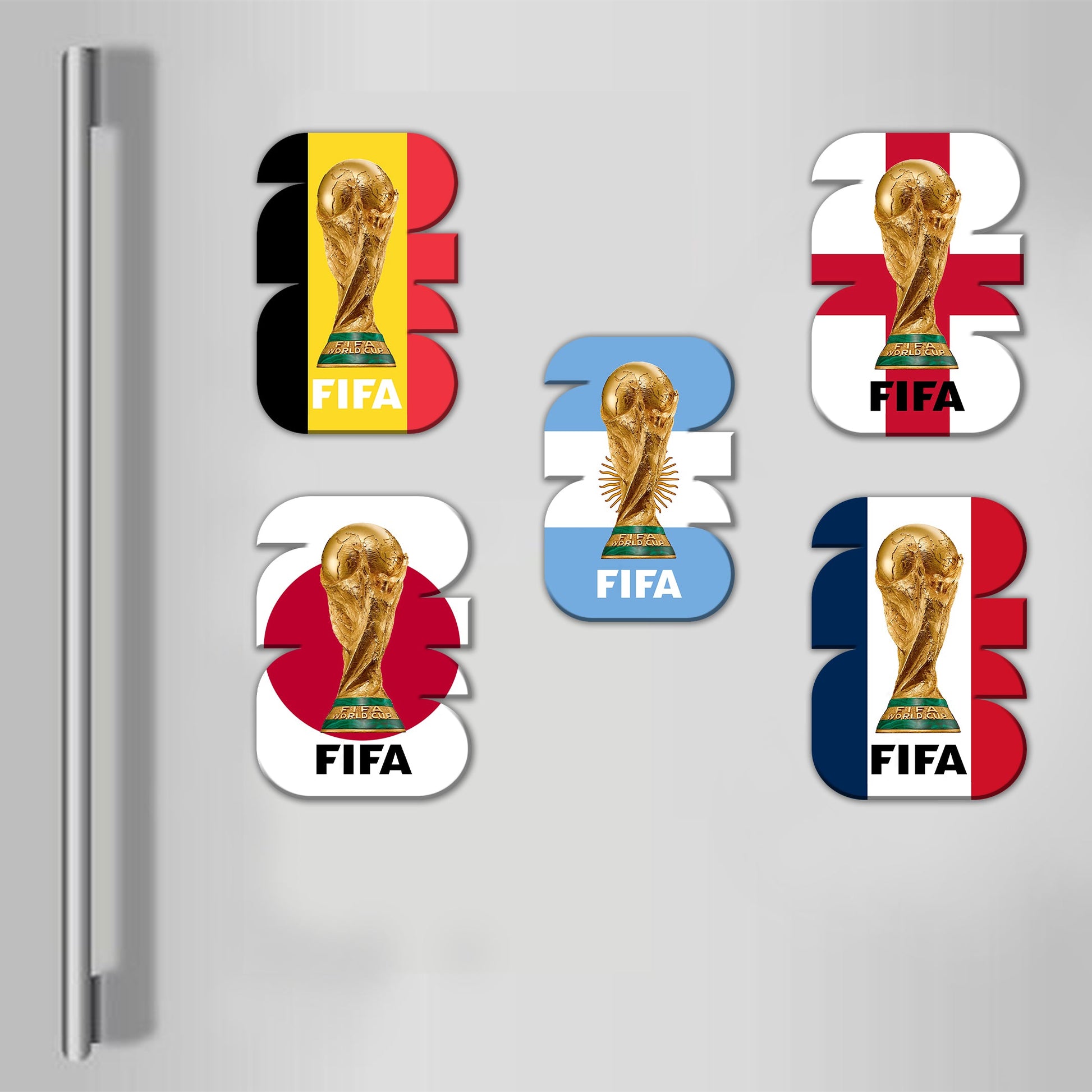 Fridge with FIFA World Cup stickers on a kitchen background