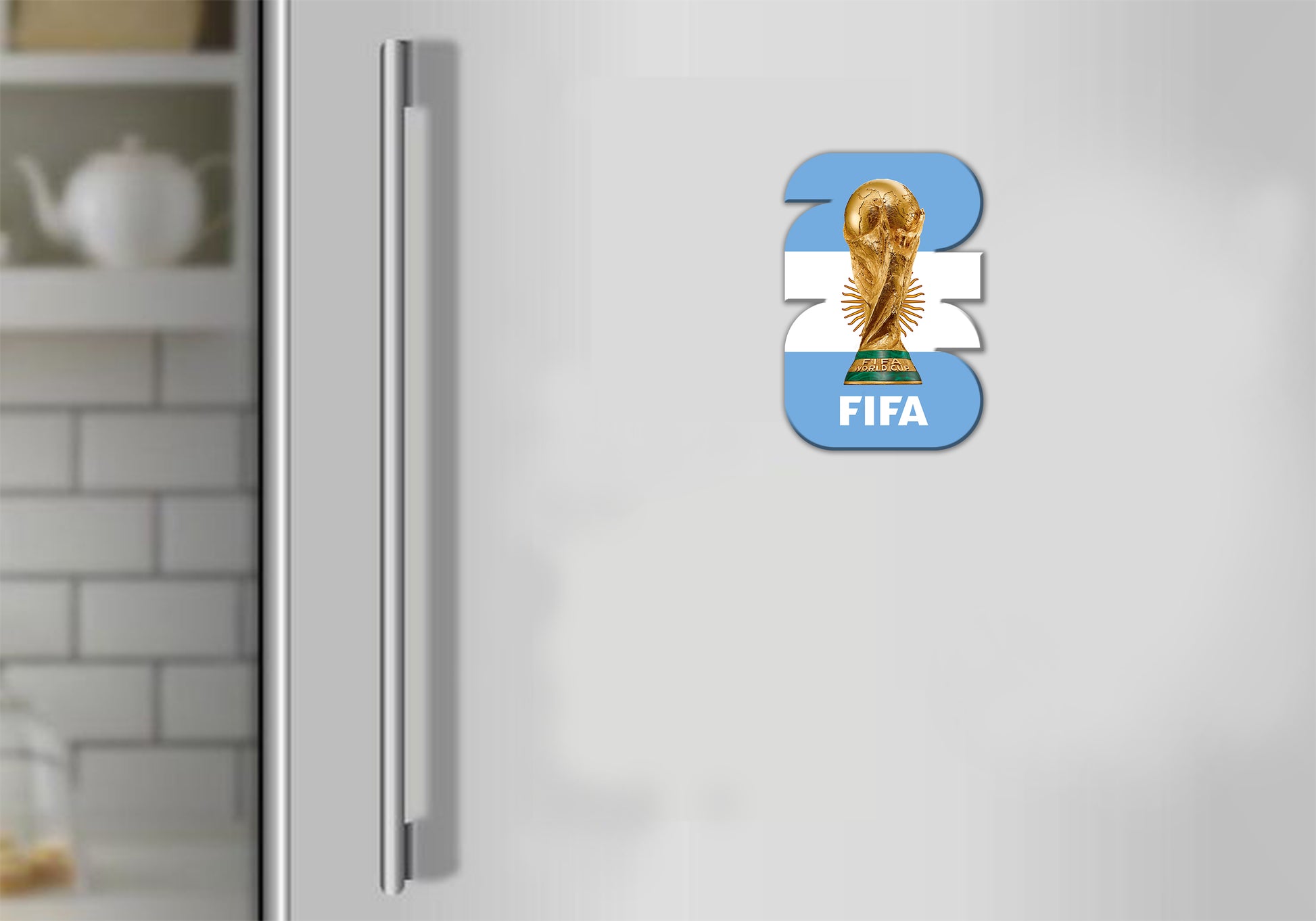Fridge with a FIFA World Cup magnet on a kitchen background