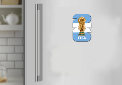 Fridge with a FIFA World Cup magnet on a kitchen background