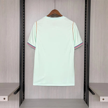 Light green t-shirt with red and blue stripes on a hanger against a neutral background