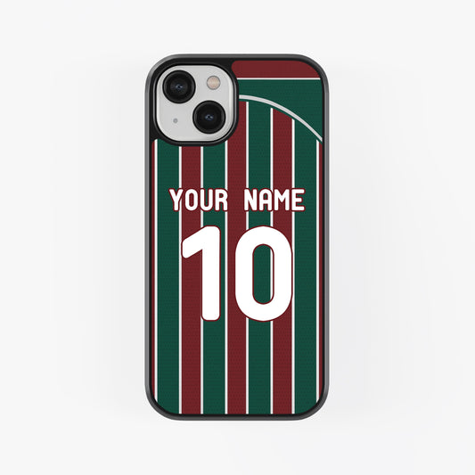 Phone case with green and red striped design and customizable text on a white background