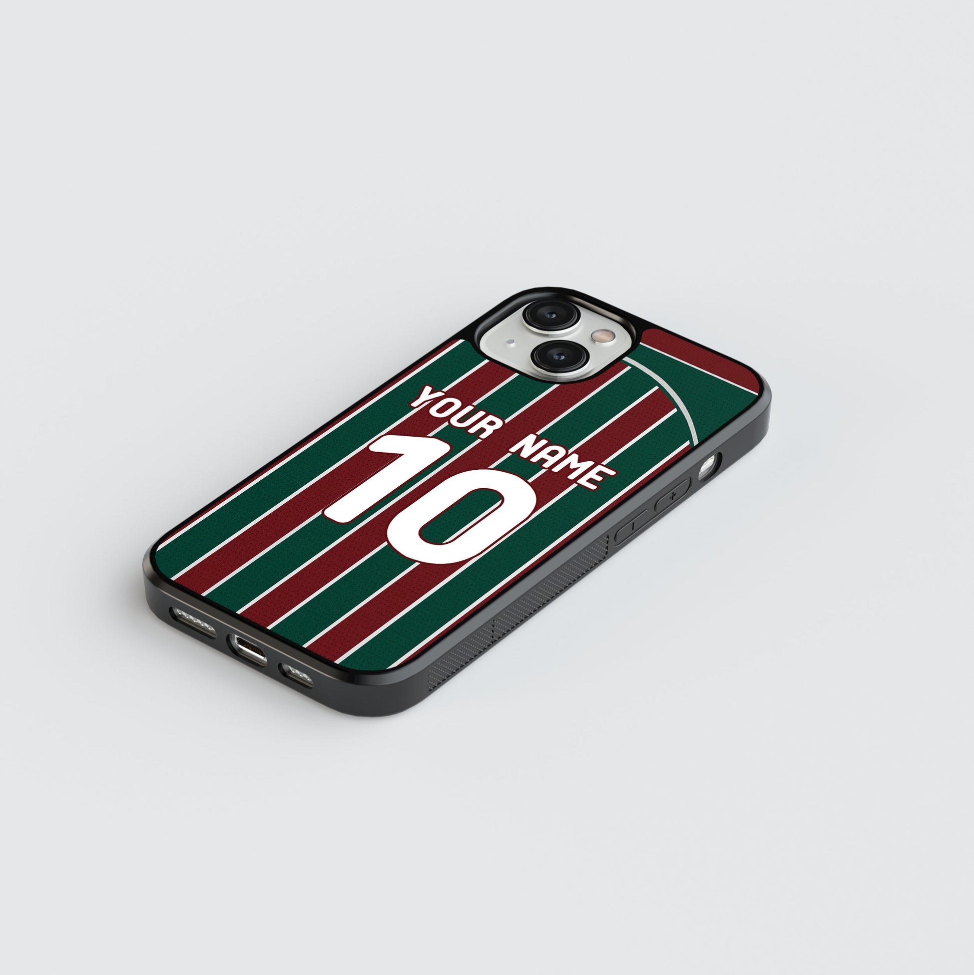 Phone case with red and green stripes and number 10 on a light gray background