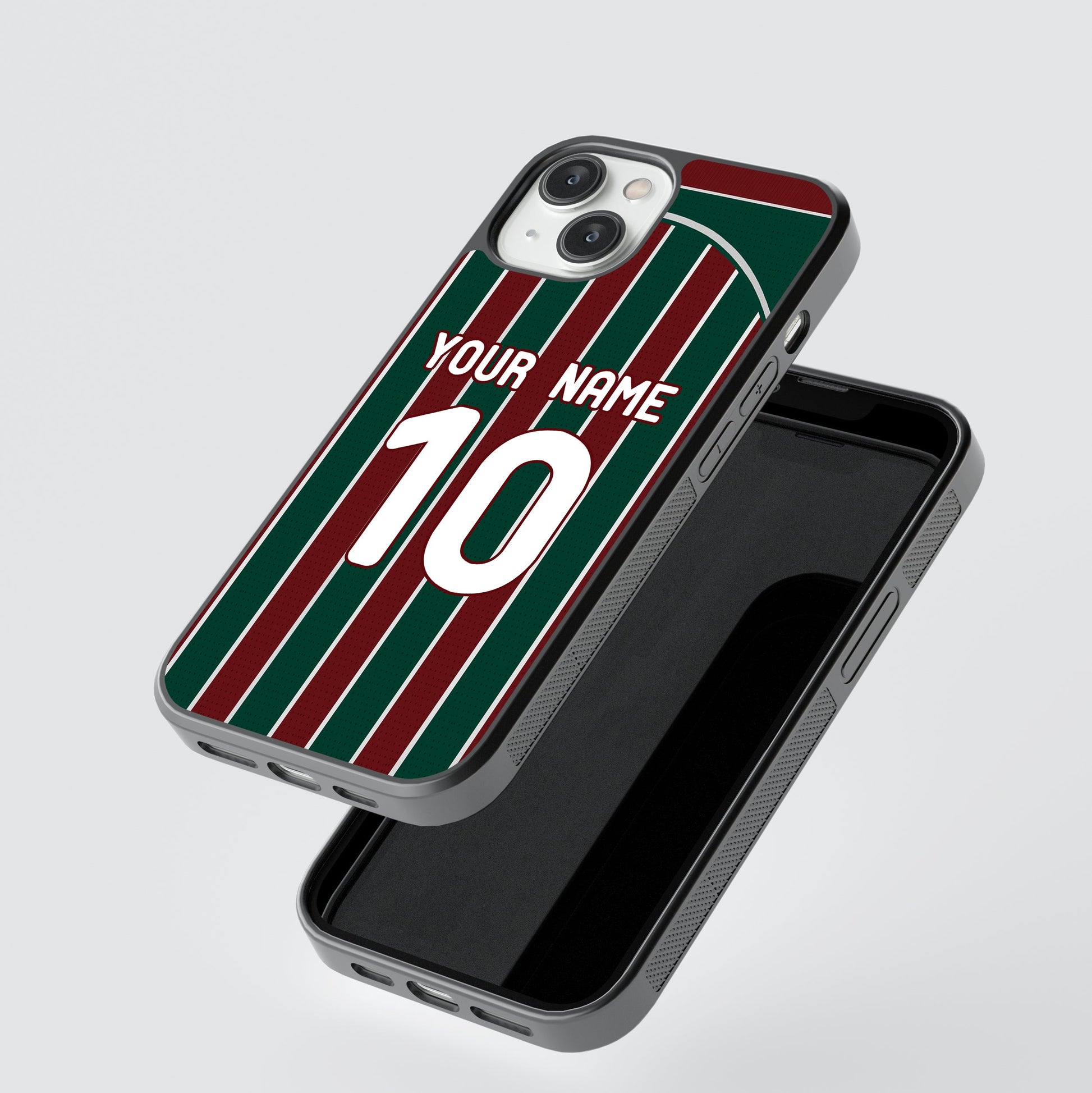 Phone case with red and green striped design, customizable text, on a gray background