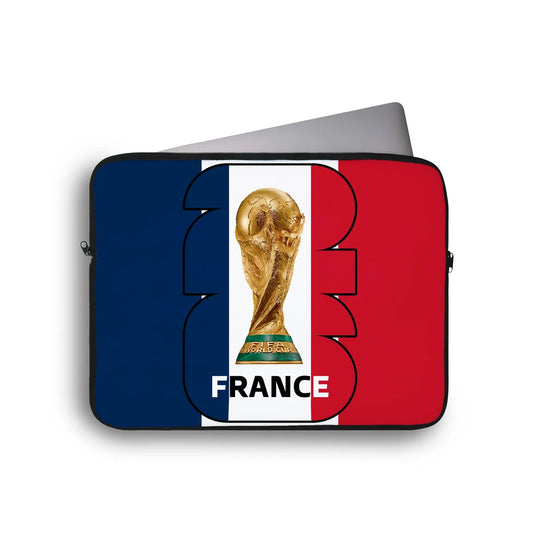 Laptop sleeve with French flag design and World Cup trophy, featuring the word 'France'.