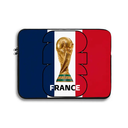 Laptop sleeve with French flag design and World Cup trophy, featuring the word 'France'.