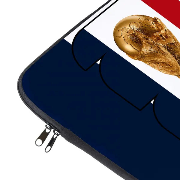 Blue pouch with gold skull design on a white background