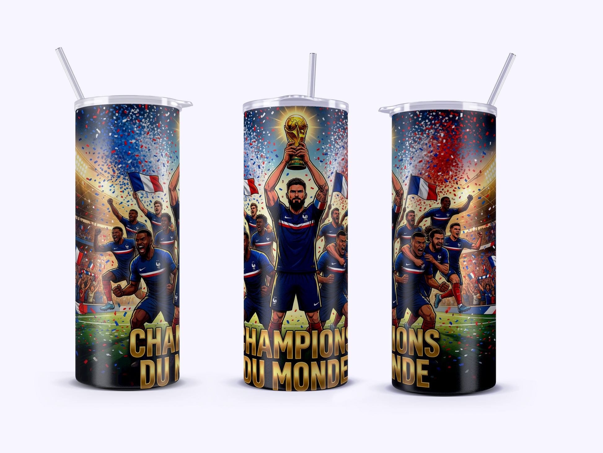 Three tumblers with a sports-themed design featuring athletes and text on a white background.