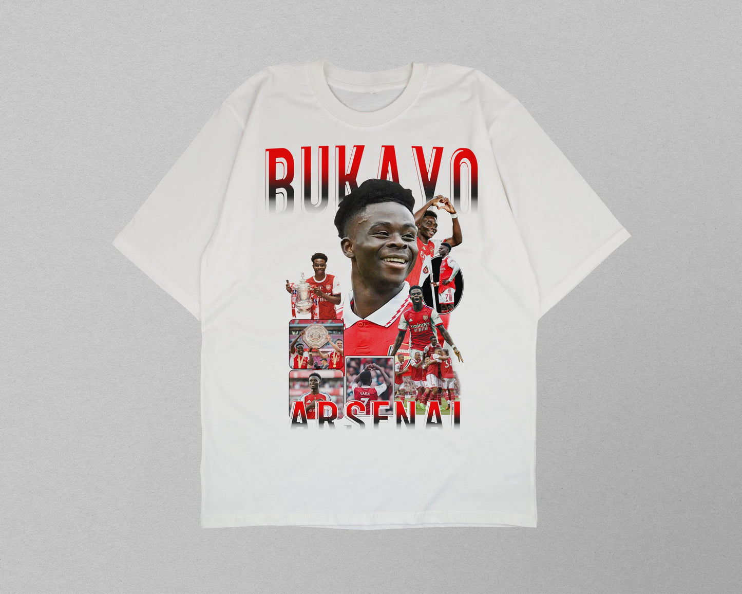 White t-shirt with a collage of images and text on a gray background