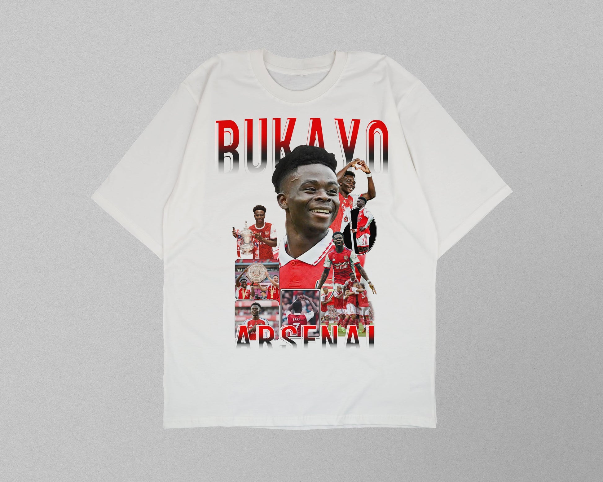 White t-shirt with a collage of images and text on a gray background