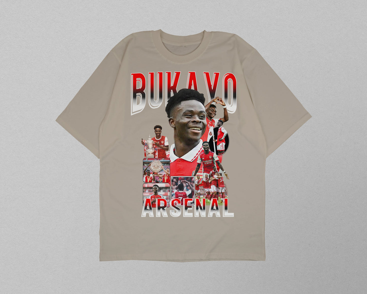 Beige t-shirt with Arsenal player collage and 'Bukayo Saka' text on a gray background
