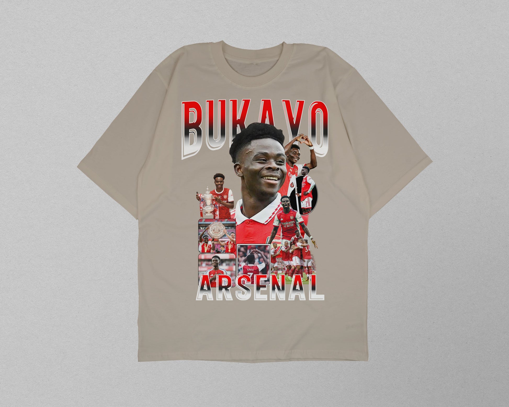 Beige t-shirt with Arsenal player collage and 'Bukayo Saka' text on a gray background
