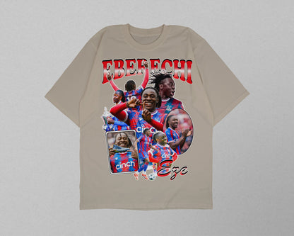 Beige t-shirt with graphic design featuring a collage of images and text on a light gray background