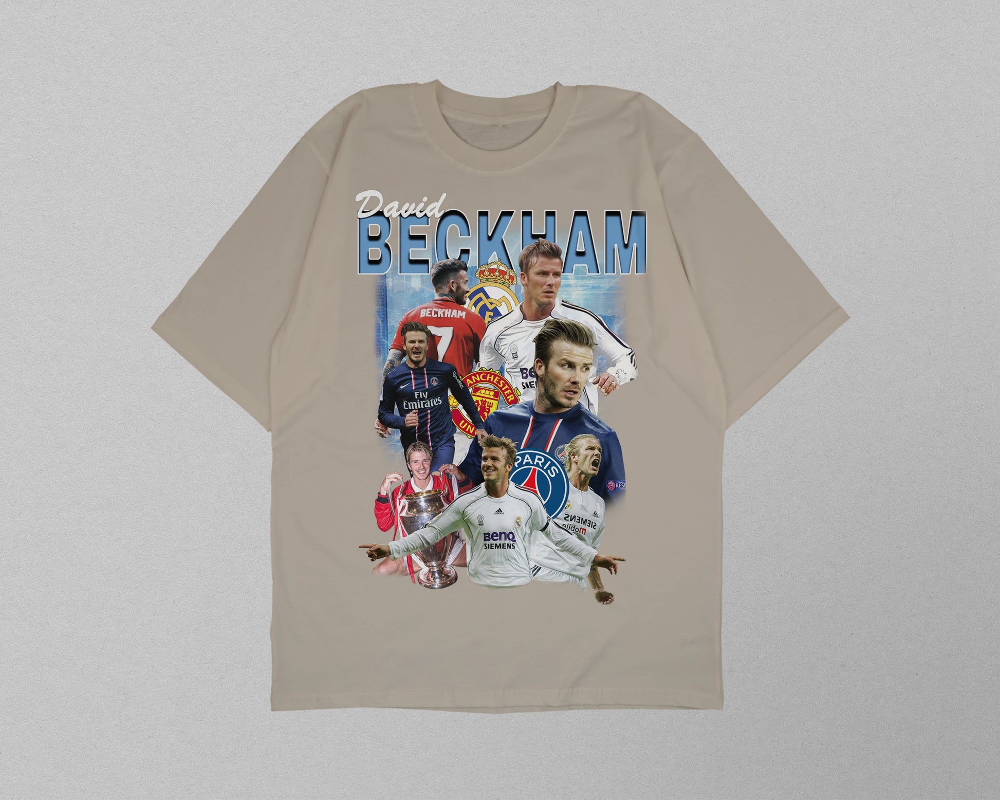 Beige t-shirt with images of a soccer player and text on a light gray background