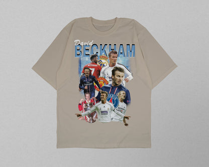 Beige t-shirt with images of a soccer player and text on a light gray background