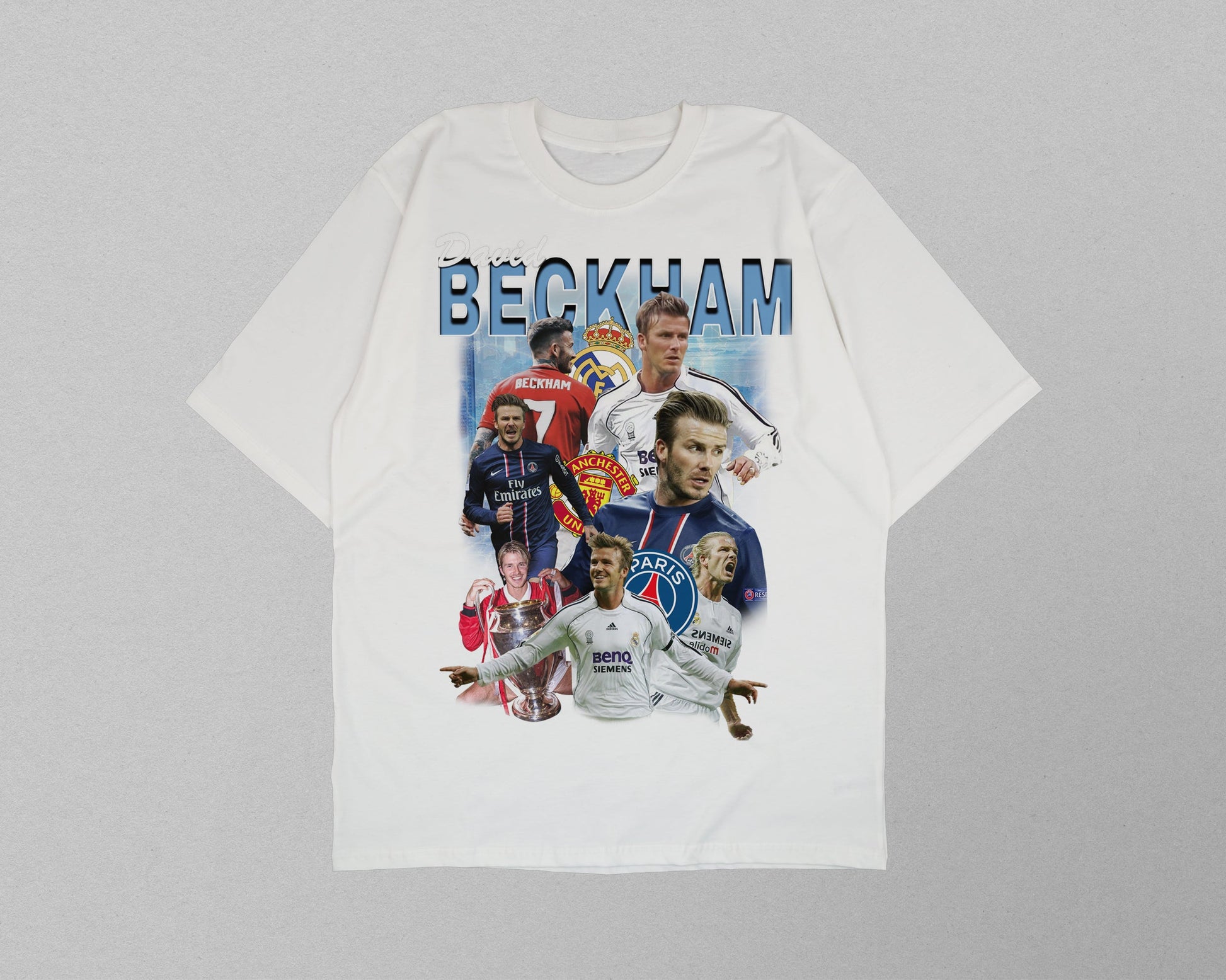 White t-shirt with soccer player collage and 'BECKHAM' text on a gray background