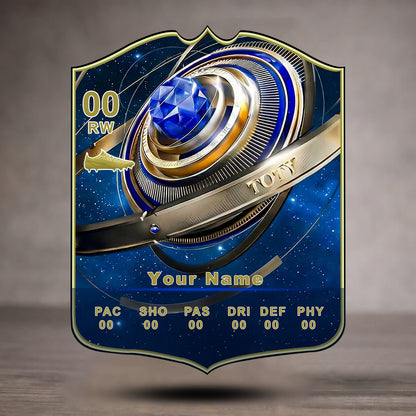 Decorative emblem with blue gem and gold accents on a gray background