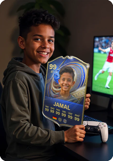 Child holding a digital trading card with a soccer player's image and stats, with a TV in the background showing a soccer match.