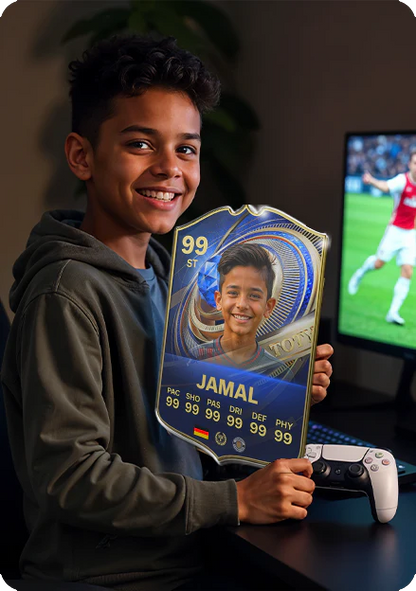 Child holding a digital trading card with a soccer player's image and stats, with a TV in the background showing a soccer match.