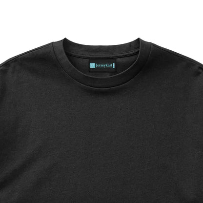 Black t-shirt with a visible brand label on a white background