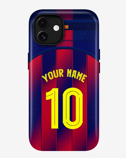 Phone case with red and blue striped design, yellow number 10, and customizable text on a white background.