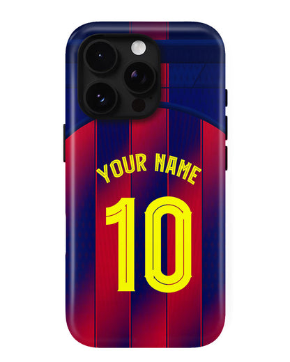 Phone case with red and blue striped design, yellow number 10, and customizable text on a white background.